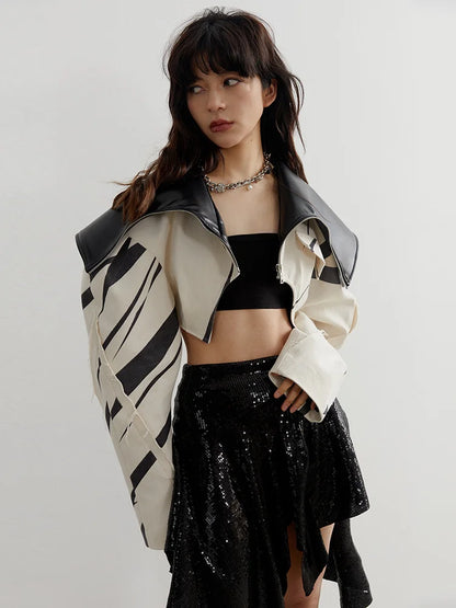 DEAT Fashion Women's Spliced Edge Contrasting Short Jackets Big Lapel Zipper Long Sleeve Short Coat Autumn  New 1DF6153