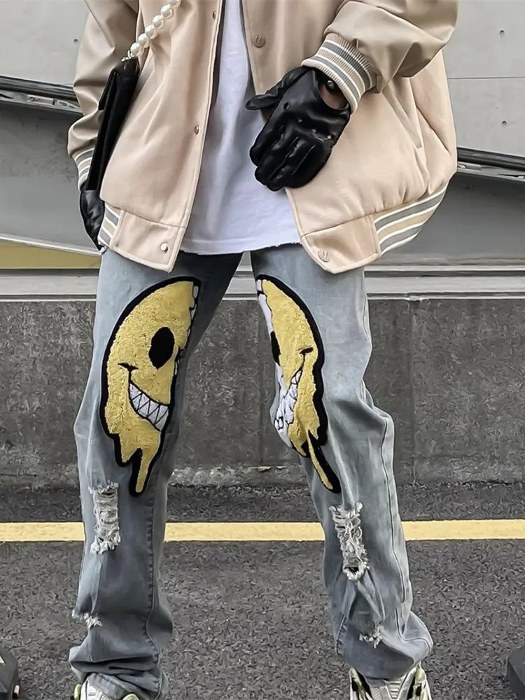 Irregular Ripped Hole Jeans Denim Pant Woman Man Straight Patchwork Baggy boyfriend y2k Punk Kpop Harajuku Streetwear Hip Hop