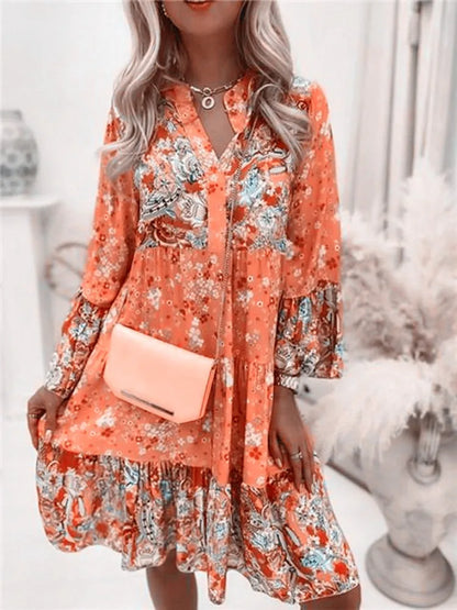 Casual Floral Print Dresses For Women  Sping Summer Boho V Neck Loose A Line Dress Elegant Beach Party Dress Robe Femme