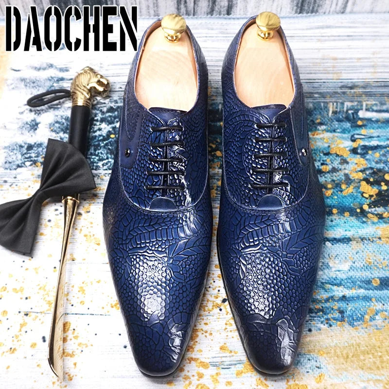 Luxury Brand Men Oxford Shoes Lace-up Pointed Toe Blue Casual Dress Man Shoe Flowers Print Genuine Leather Shoes For Men