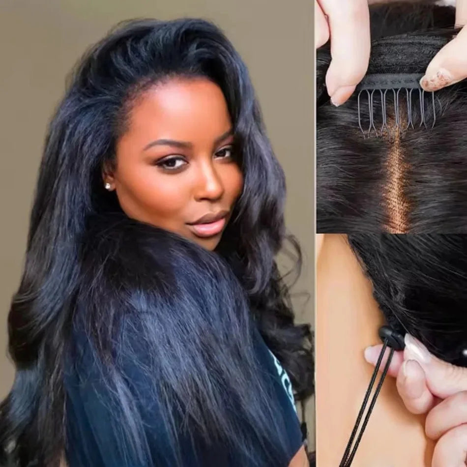 250 Density Kinky Straight Half Wigs Human Hair Flip Over Gluless 3 In 1 Half Wig With Drawstring 40 Inch Wear And Go For Women