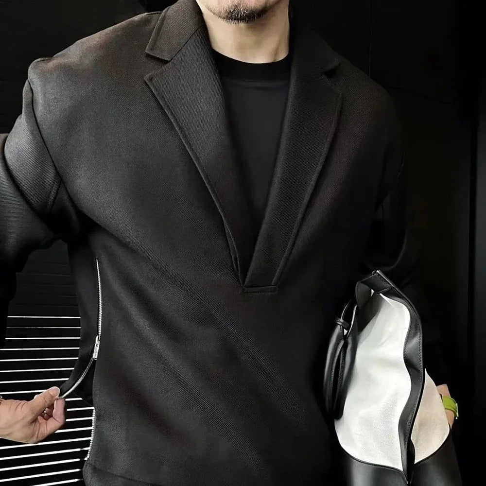 New Mens Casual Two-Piece Suit Spring Autumn Casual Double-Sided Zipper Suit Fashion Retro Solid Color V-Neck Loose Suit