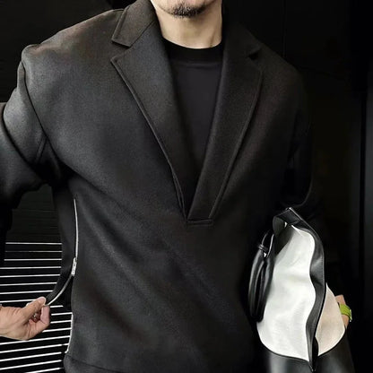 New Mens Casual Two-Piece Suit Spring Autumn Casual Double-Sided Zipper Suit Fashion Retro Solid Color V-Neck Loose Suit