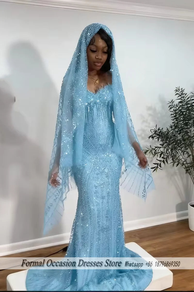 Luxury Red Prom Dresses With Veil 2026 Sequin Beading Black Girls Evening Dress 2025 Sleeveless Birthday Party Gowns Customized