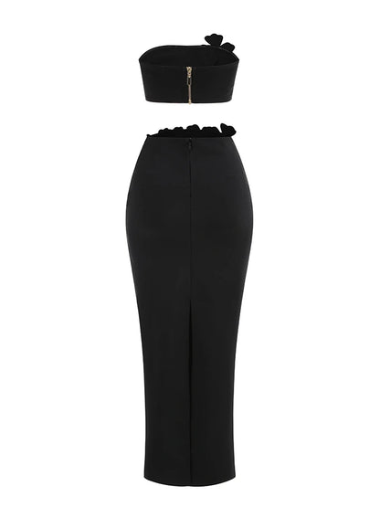 Sexy Long Sleeves Bandage 2-Piece Sets Women Turtleneck Shiny Diamonds Flower Top + Bodycon Mini  Skirts Suits Evening Party Set
