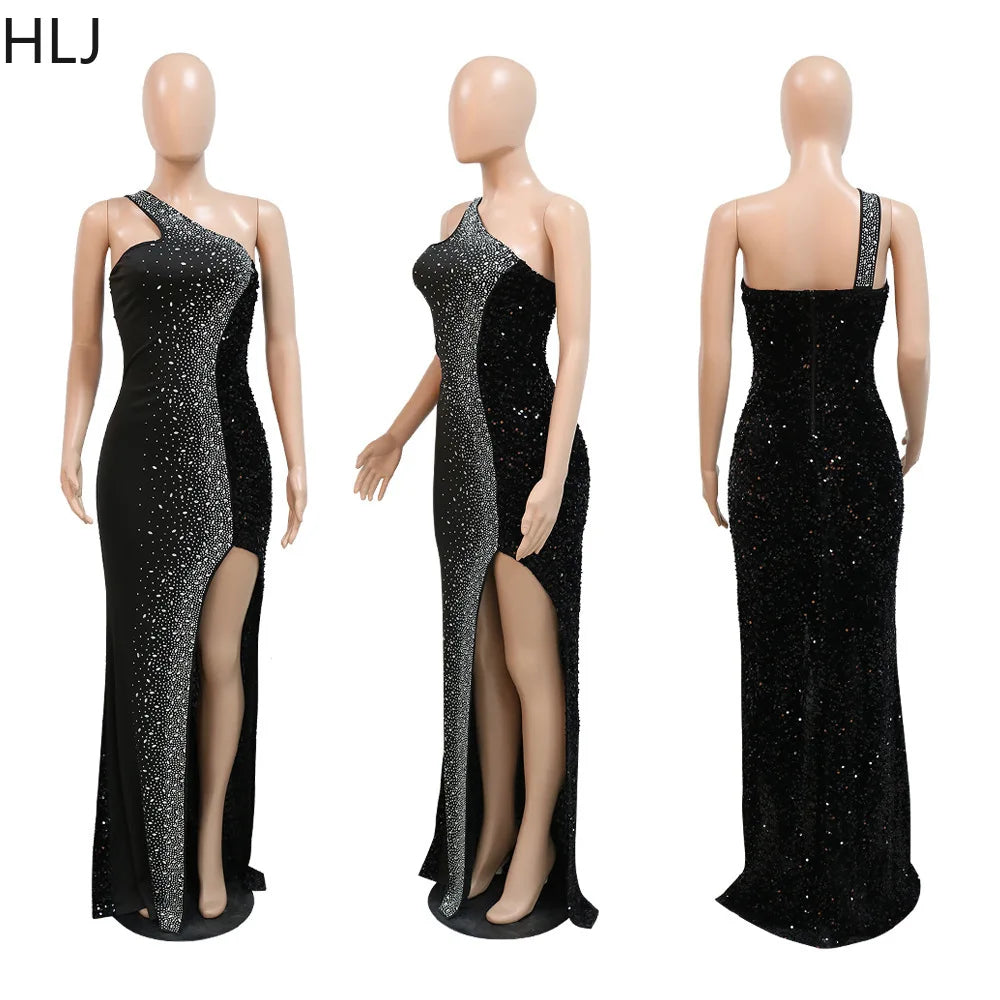 HLJ Black Fashion Diamonds Rhinestone Party Birthday Dresses Women One Shoulder High Slit Floor Dress Female Bodycon Vestidos