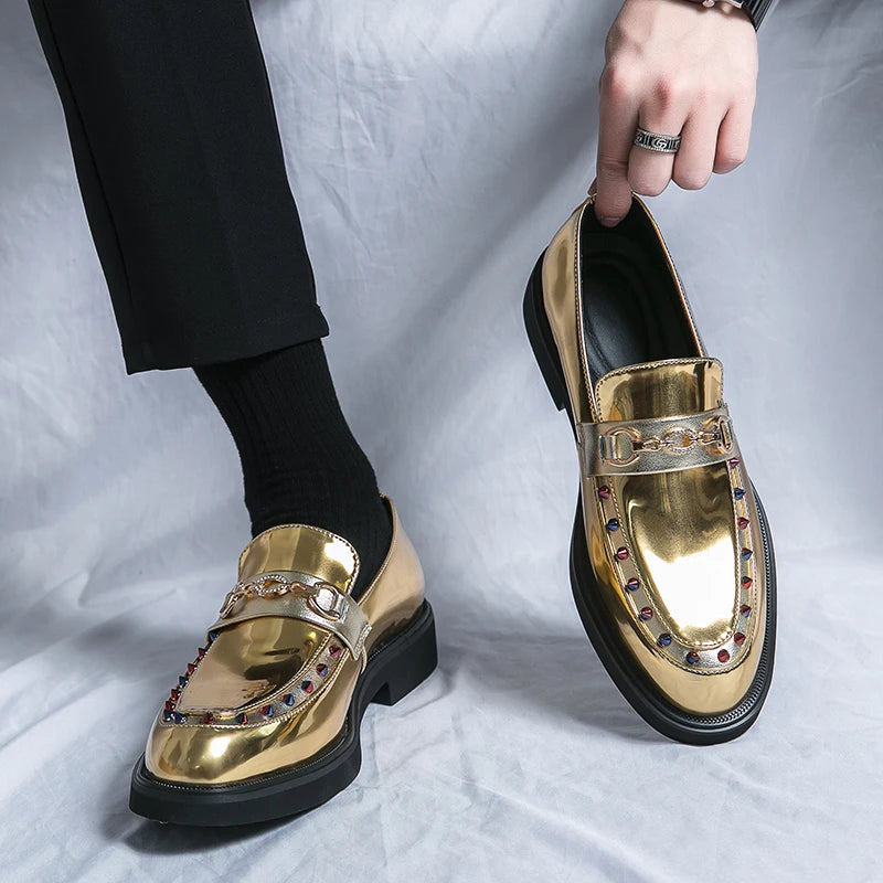 Fashion Golden Black Men's Fashion Leather Loafer Club Bar Dress Shoes Slip-On Dancing Shoes Summer Comfortable Breathable 38-46