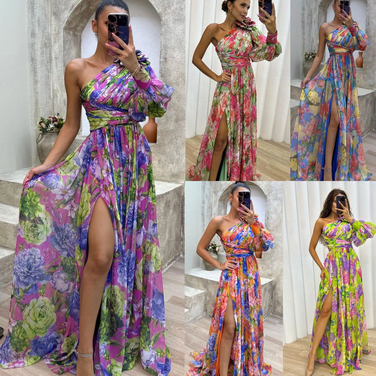 New Fashion Hot Selling Casual Slit Dress for European and American Gatherings INS Loose Multicolor Sloping Shoulder Dress