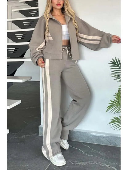 Autumn Winter Women's New Hoodie Suit Y2K Striped Zipper Loose Fit Jacket Outwear And High Waist Side-striped Pants Sports Sets