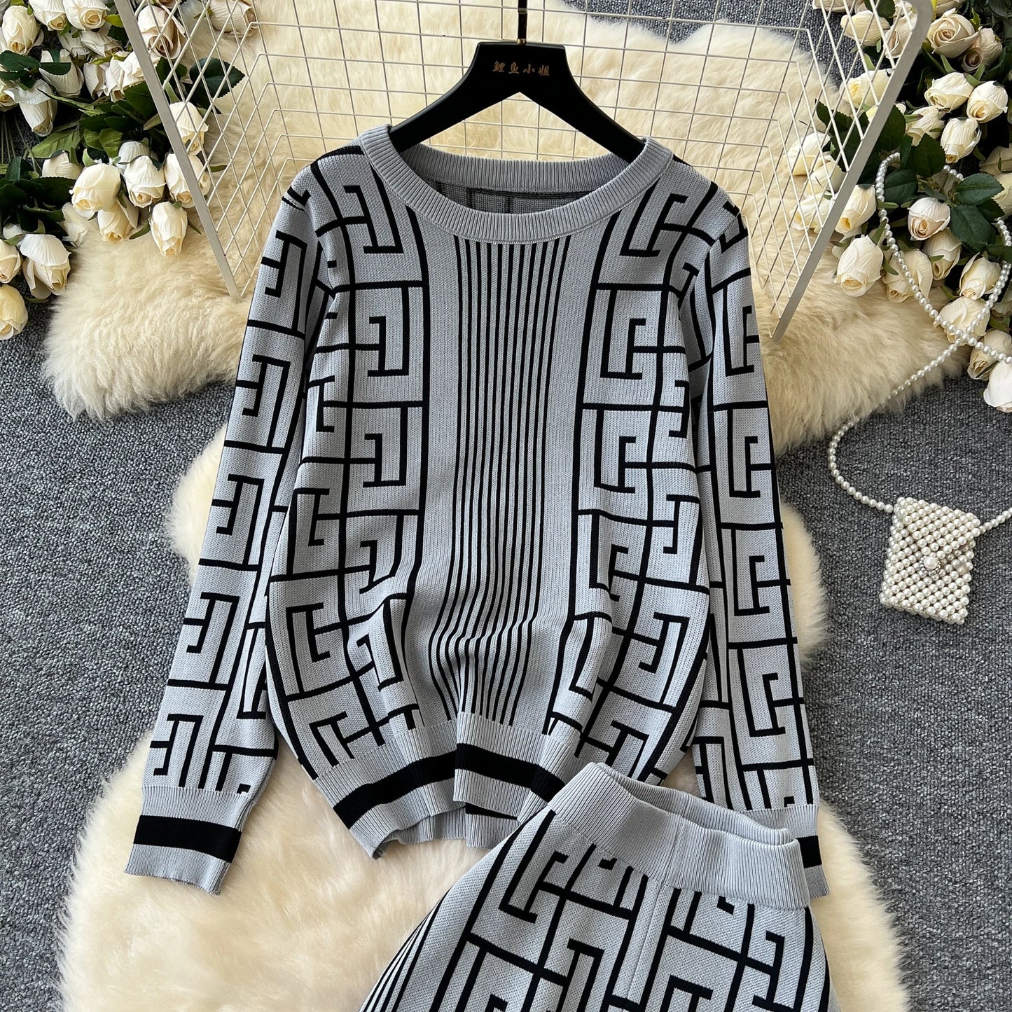 SINGREINY Geometric Maze Print Two Pieces Suits Autumn Winter O Neck Sweater+Long Pants Women Casual Fashion Knitting 2pcs Sets