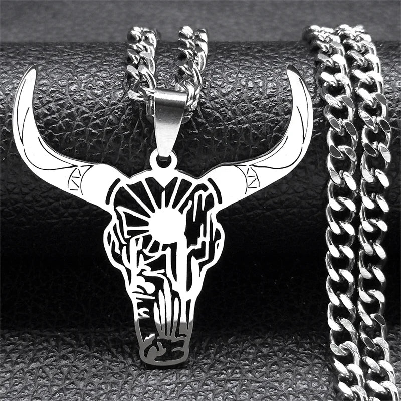 Fashion Bull Head Pendant Animal Cowboy Necklace Women Men Stainless Steel Silver Color Mexican Cow Necklaces Jewelry N3214S03