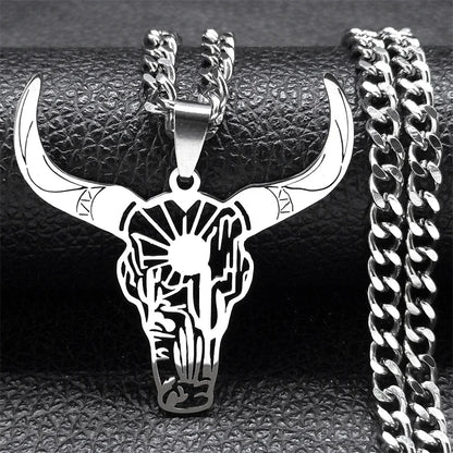 Fashion Bull Head Pendant Animal Cowboy Necklace Women Men Stainless Steel Silver Color Mexican Cow Necklaces Jewelry N3214S03