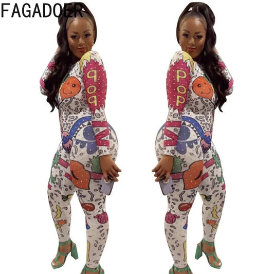 FAGADOER Fashion Graffiti Print Jumpsuits Women Round Neck Long Sleeve One Piece Playsuits Female Bodycon Streetwear White 2022