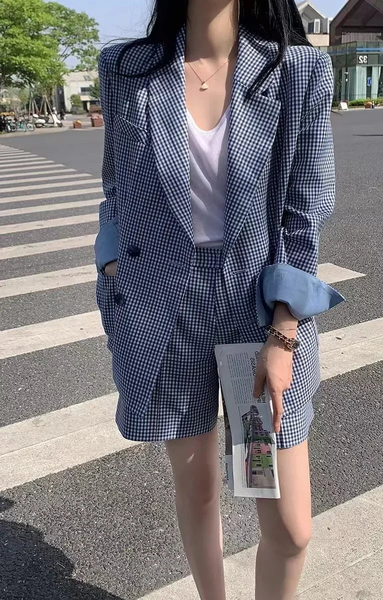 Korean Fashion Two Pieces Blazer and Shorts Set for Women Long Sleeve Blue Plaid Jacket Office Lady Casual 2 Pieces Spring