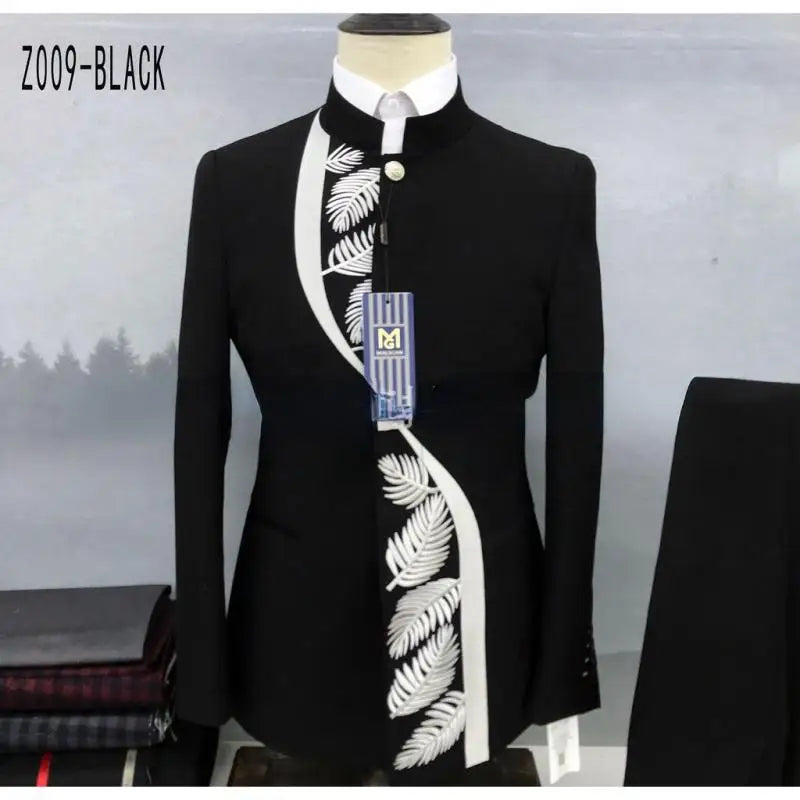 (coat+pants) Embroidered men's suit set banquet/evening/wedding/work general clothing