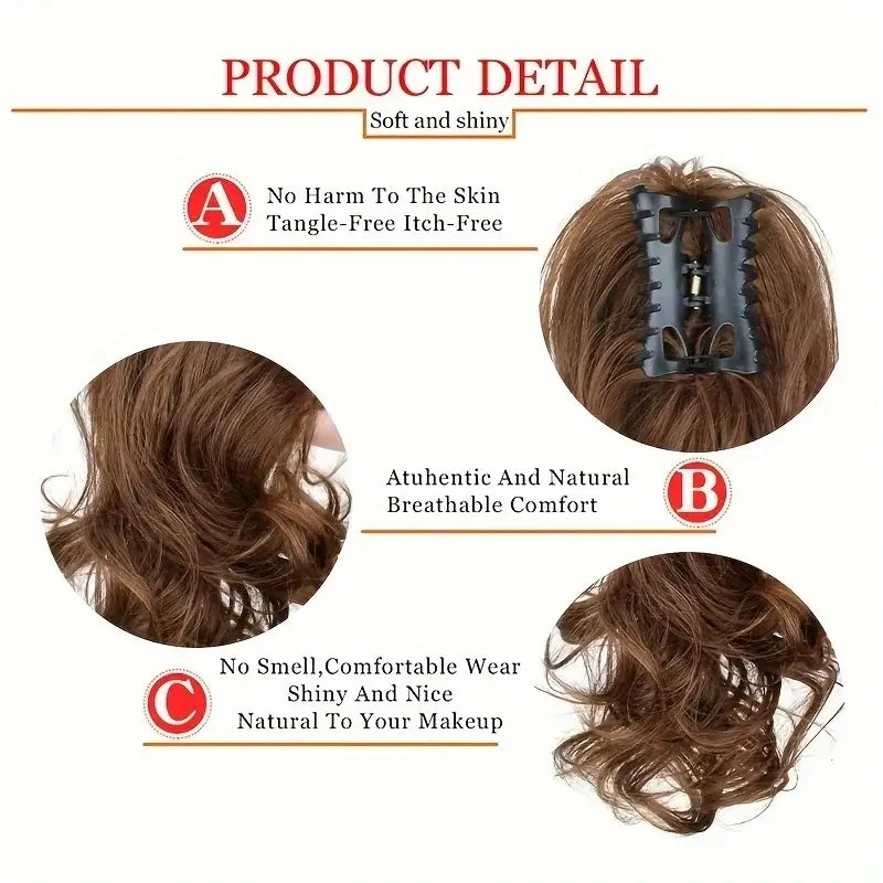 Synthetic 12Inch Ponytail Claw Clip Ponytail Extensions Short Curly Ponytail Ladies Black Brown Blonde Hair Clip for Women product details including softness and comfort.