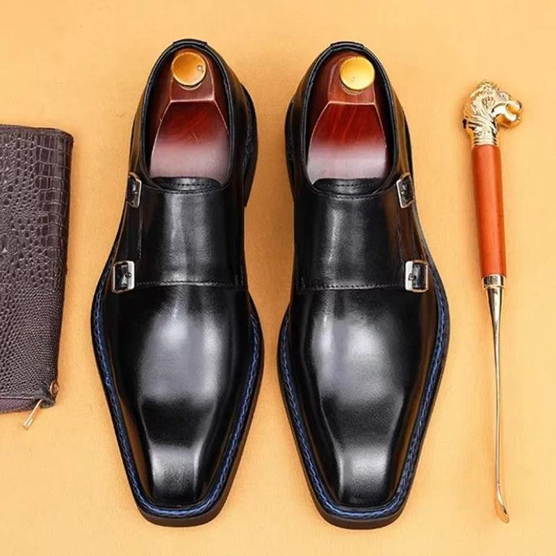 Hochwertige Herrenschuhe aus Rindsleder, eckige Zehenpartie, Doppel-Monk-Strap, Herren-Businessschuhe zum Hineinschlüpfen