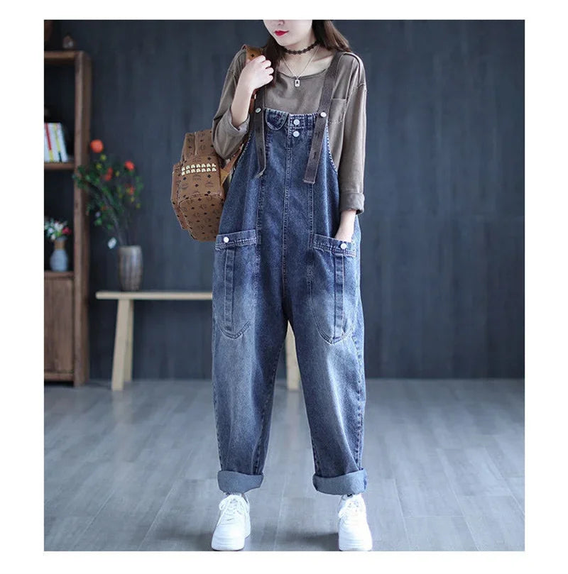 Jumpsuit Women Jeans Rompers New Retro Big Pocket Loose Denim Overalls Fashion Large Size Wide-leg Pants Drop Shipping