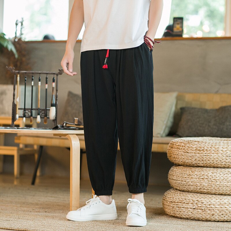 Asian size Man Solid Fashion Cotton Linen Blended Casual Pants 2023 Summer New Chinese Style Men&#39;s Loose Nine Points Trousers