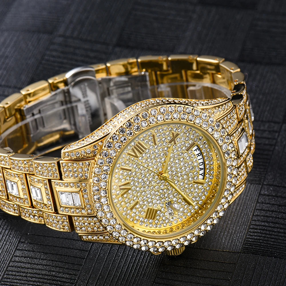 Vollvergoldete Eisuhr für Herren, Luxuriöse goldene Hip-Hop-Diamant-Quarz-Herrenuhren, Wasserdicht, Tagesdatum, Bestsellerprodukt 2023