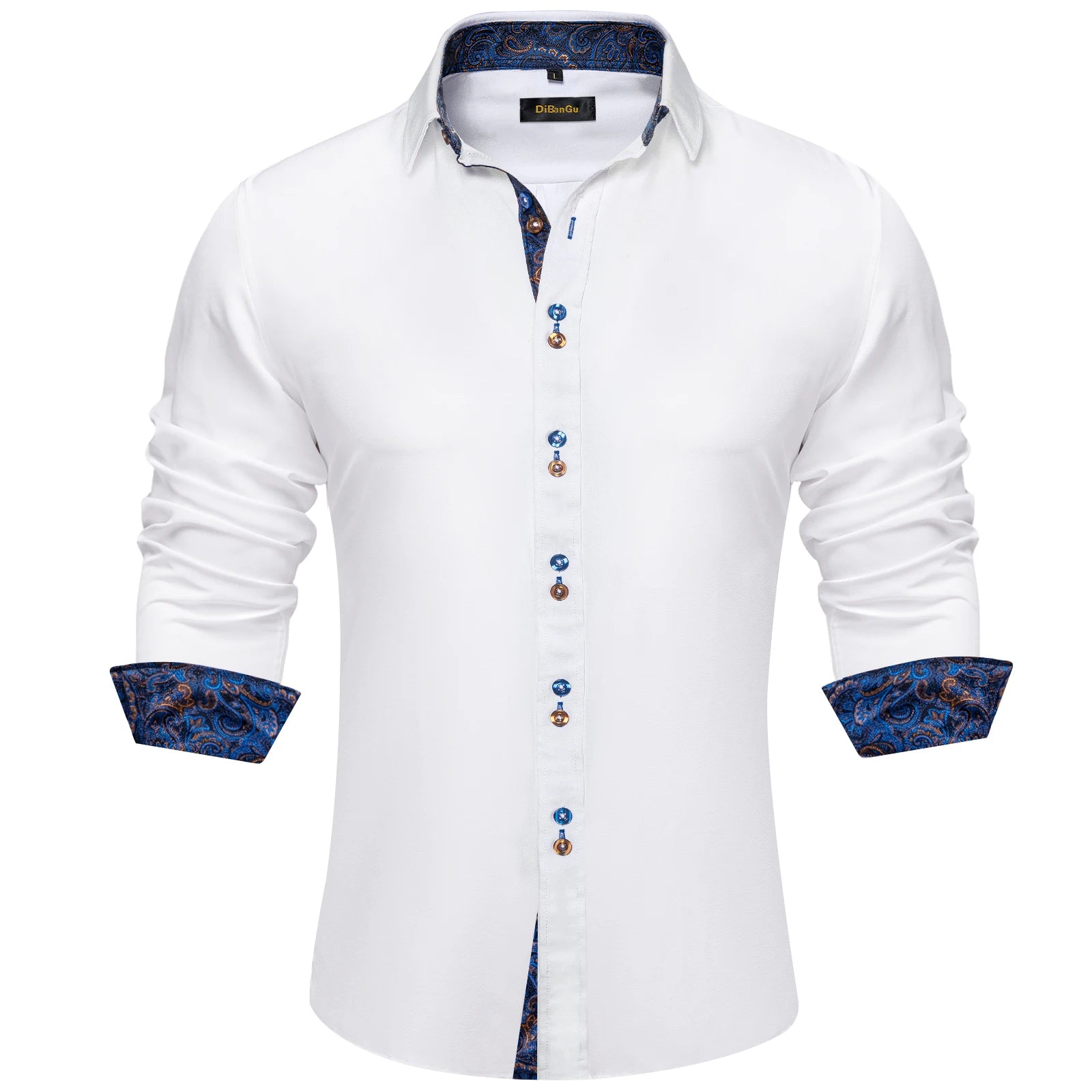 Men's Casual Long Sleeve Shirt with Inner Paisley Contrast Pattern Elegant Turn Down Collar Dress Shirt for Business Date Tops
