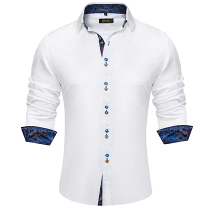 Men's Casual Long Sleeve Shirt with Inner Paisley Contrast Pattern Elegant Turn Down Collar Dress Shirt for Business Date Tops