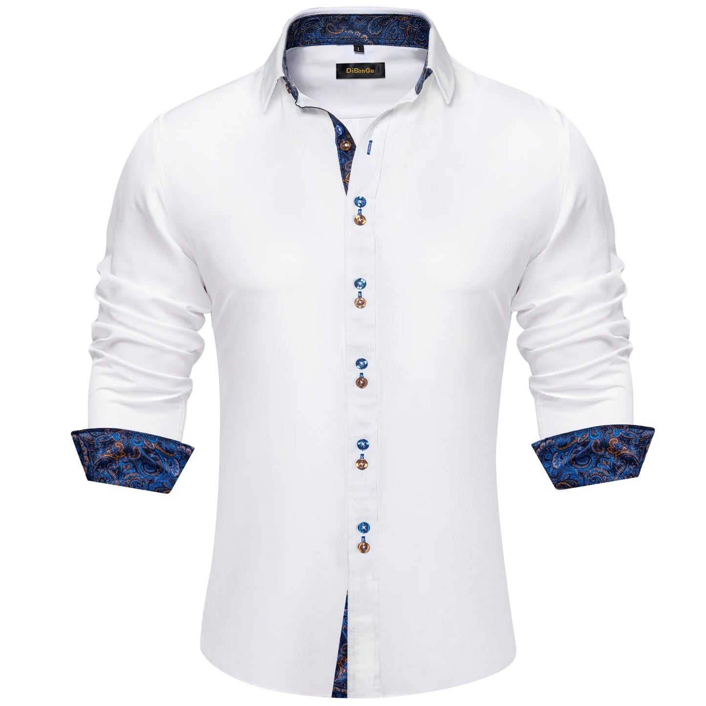 Men's Casual Long Sleeve Shirt with Inner Paisley Contrast Pattern Elegant Turn Down Collar Dress Shirt for Business Date Tops