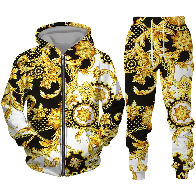 Luxury Golden Pattern 3D Print Men's Zipper Tracksuit Set Casual Hoodie+Pants 2pcs Sets Oversized Sweatshirt Fashion Men Clothes