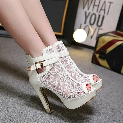 2026 New Classic Sandals Women High Heels Pumps Sexy Hollow Out Mesh Lace-up Cross-tied Boots Shoes Party Mujer Bombas