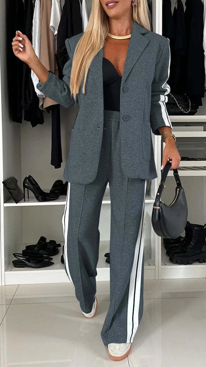 Autumn And Winter New Long Sleeves Suit Women's Suit Fashion Pimp Stitching Pants Pocket Female Office Blazer 2 Piece Set