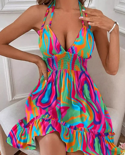 Sexy Deep V Neck Tank Top Women's Clothing Open Back Parallel Wrinkle Dress European And American Cross-border Popular Dress