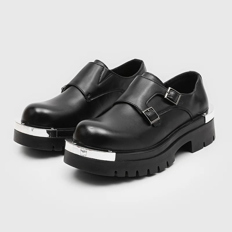 Men Fashion Paris Derby Shoes Punk Style Metal Big Head Double Breasted Decoration New Thick Bottom Height Increase Men's Dress Shoes