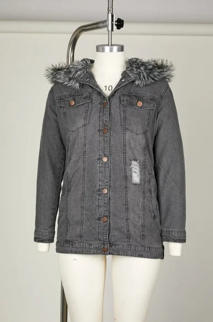 Autumn Women Fashion Denim Coats Retro Big Fur Collar Denim Jacket Temperament Hole Distressed Stitching Jackets Coat