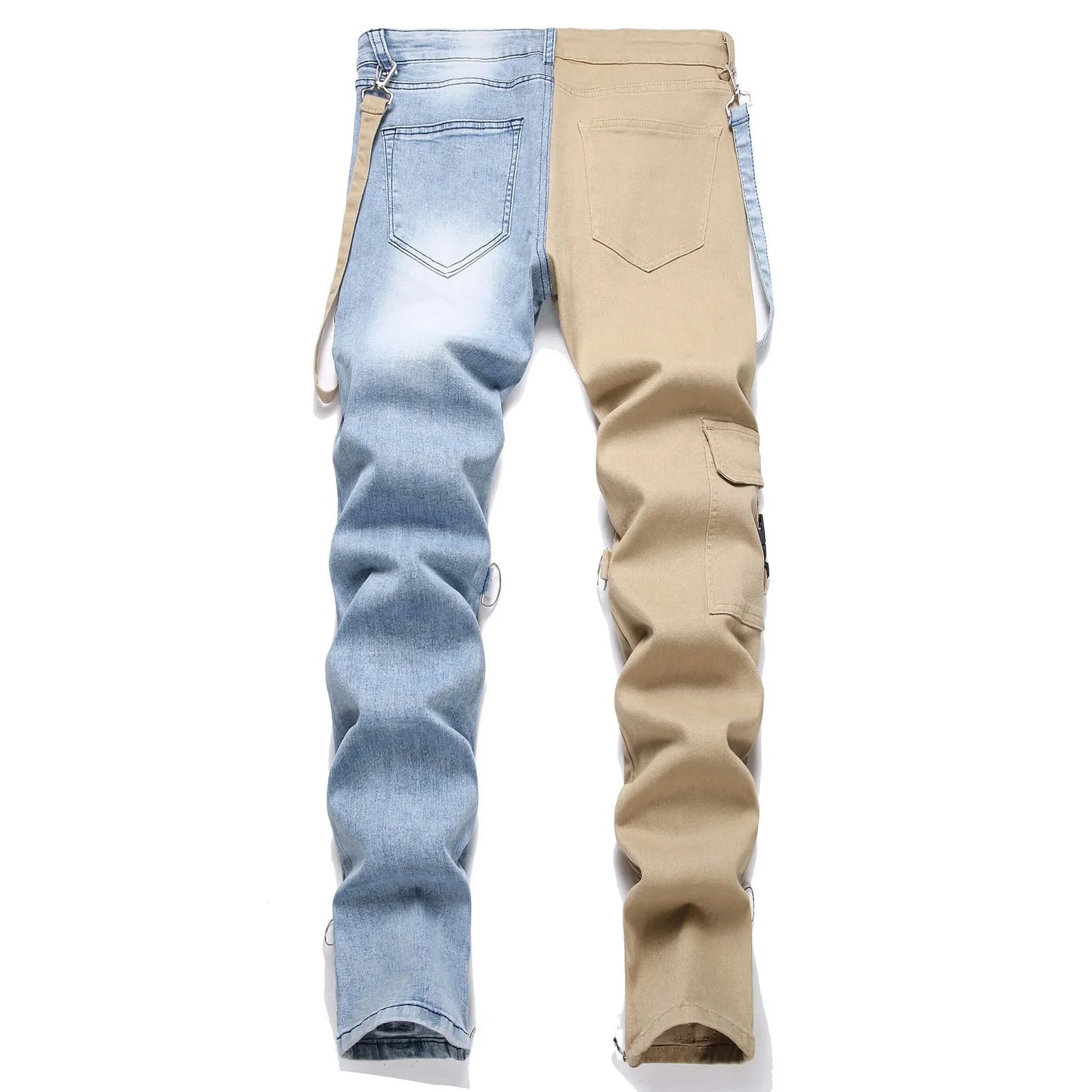 Large Pocket Double Button Jeans Men's Panel Pants Heterochromatic Legs Holes 3D Cotton Zipper Fit Elastic High Street Pendant 2