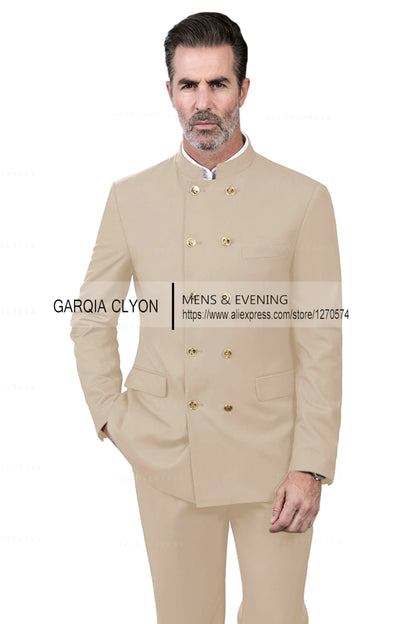 2 Piece Stand Collar Double-Breasted Chinese Style  Men's Suits With 3 Real Pocket Wedding SuitsTailored Fit (Blazer+Pants)