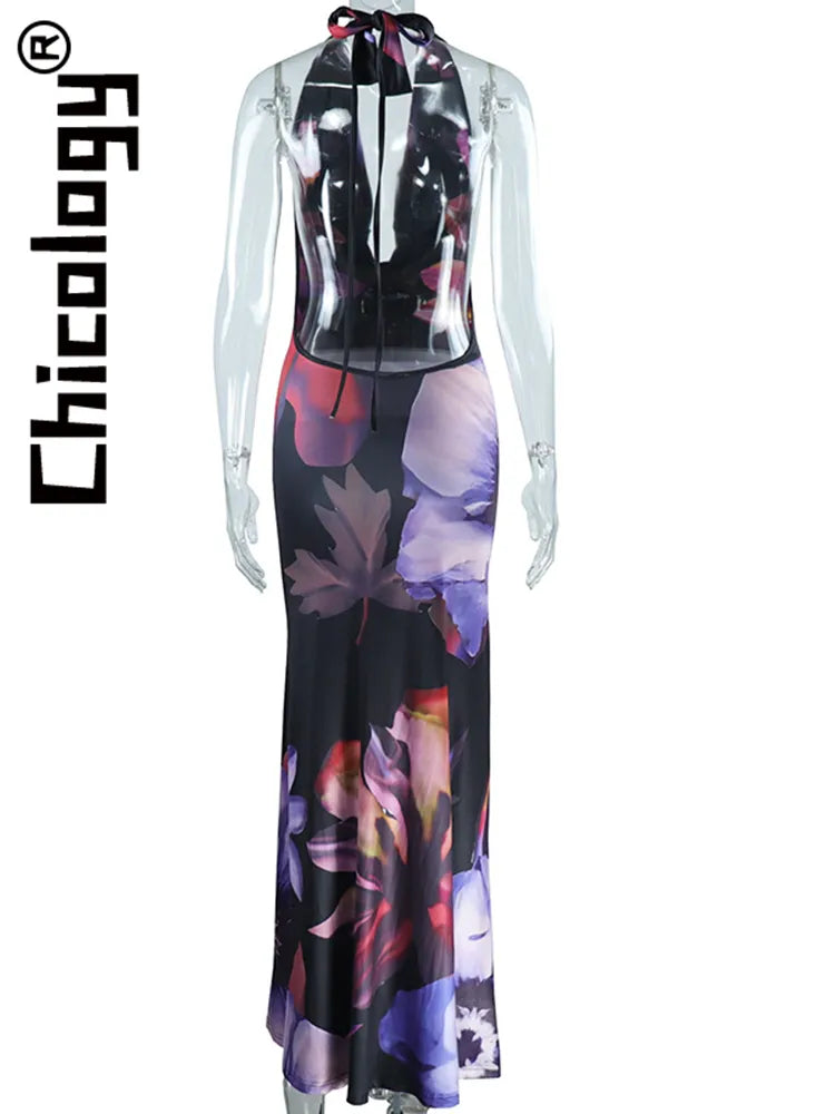 Chicology Sexy Halter Printing Backless Bodycon Maxi Dress Vacation Beach Party Festival Vintage Y2K 2022 Women Outfit Wholesale