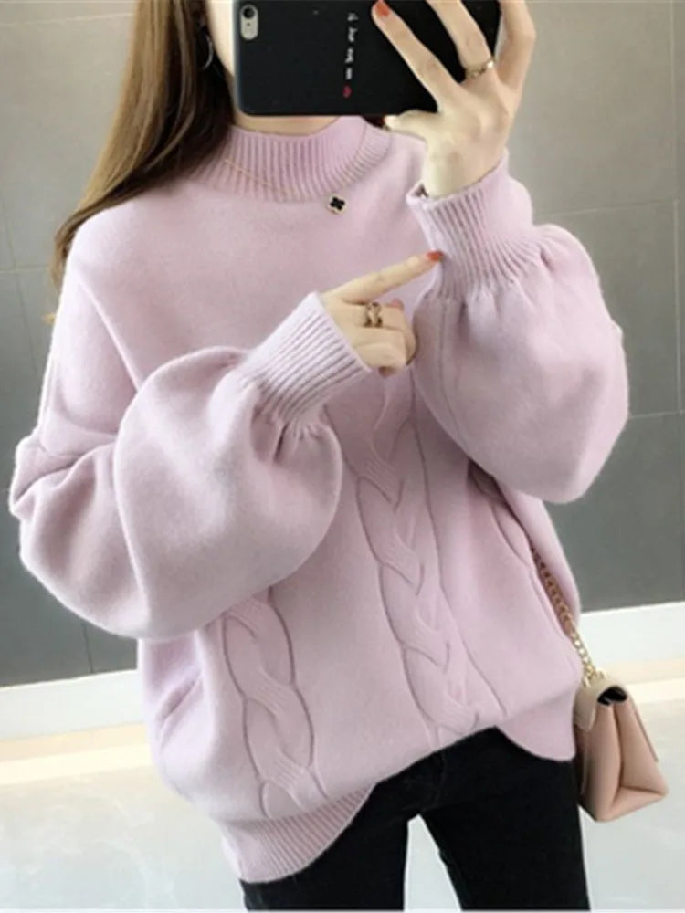 Korean Winter Women Sweater Half Turtleneck Lantern Sleeve Knit Pullover Loose 5XL Fashion Jumper Tops 2022 Pull Z2697