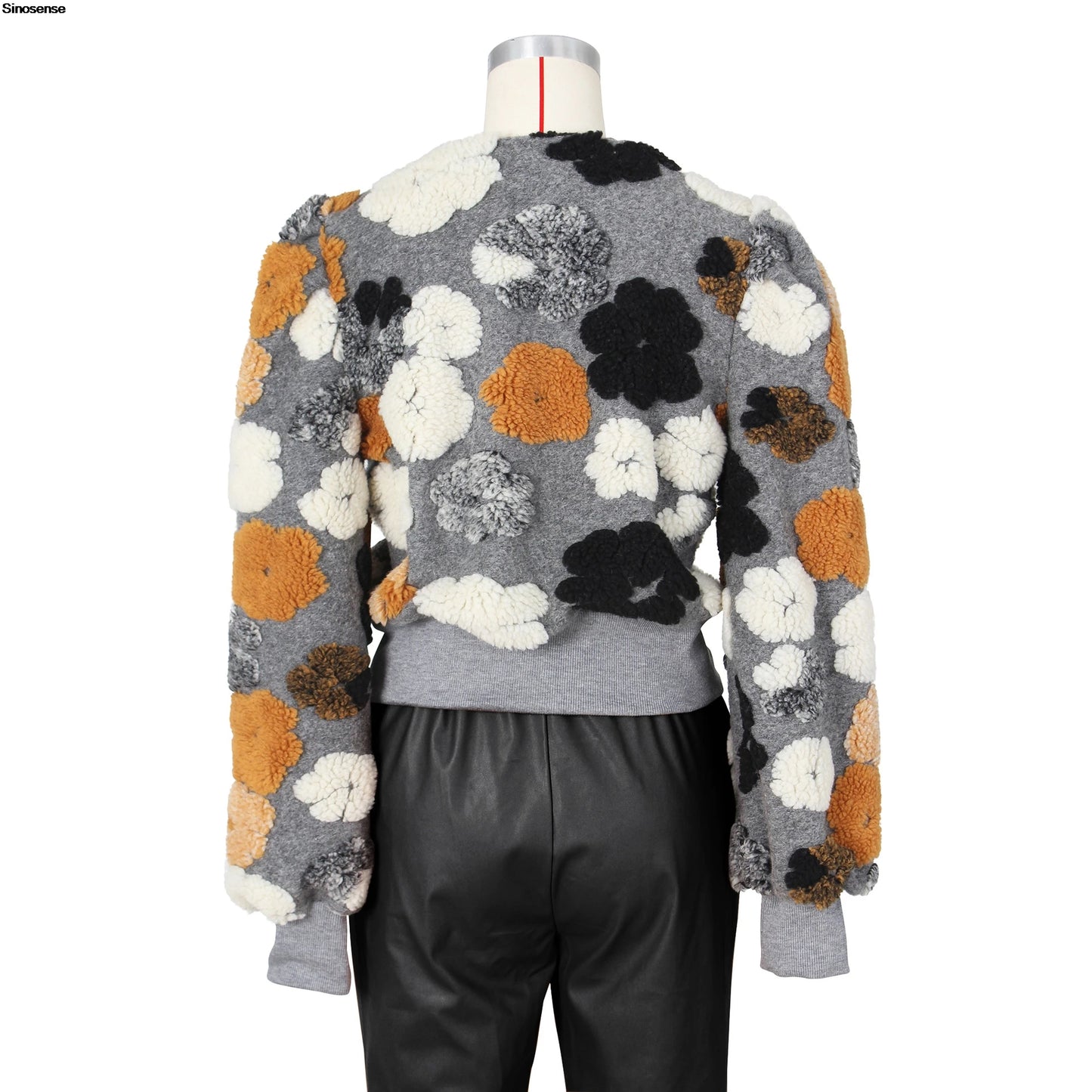 Women's Cropped Floral Print Bomber Jacket Long Puff Sleeve Button Down Coat Outerwear Street Fall Winter Fleece Sherpa Jacket