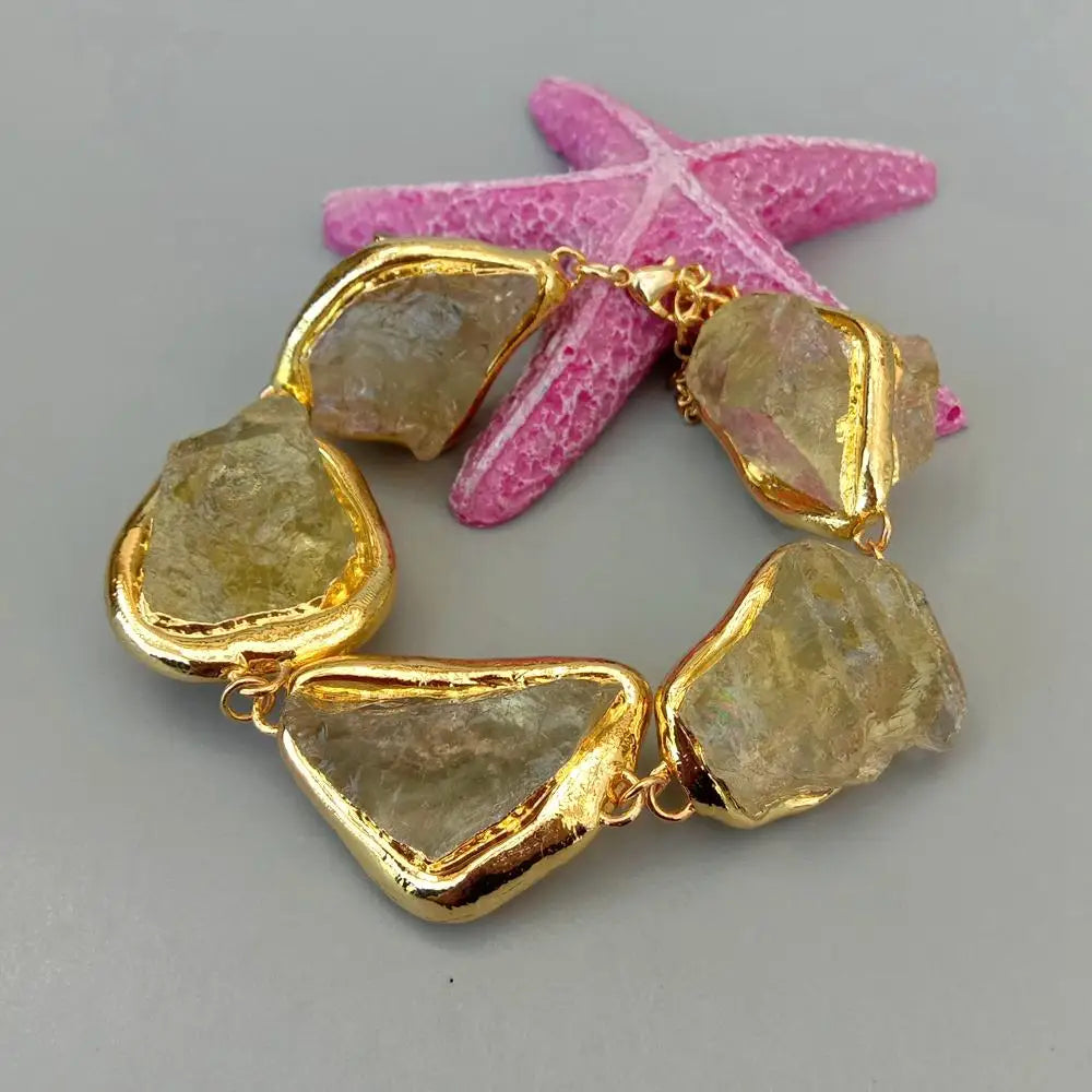 KKGEM Natural 27x33mm Lemon Quartz Rough Raw Nugget Gold Plated Brushed Bead wrap Bracelet Semi Precious Women Jewelry