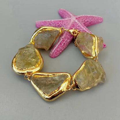 KKGEM Natural 27x33mm Lemon Quartz Rough Raw Nugget Gold Plated Brushed Bead wrap Bracelet Semi Precious Women Jewelry