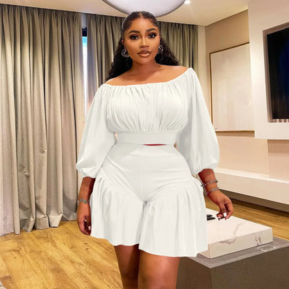 CM.YAYA Plus Size Women's Set Long Sleeve Slash Neck T-Shirt and Shorts  Summer Ruched Two 2 Piece Set Outfits Tracksuit