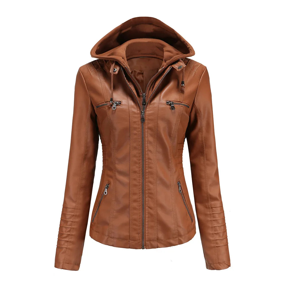 2024 Women's Hooded Leather Jacket 2 Pieces Set with Detachable Large Leather Jacket for Women Spring  Autumn PU Leather Jacket