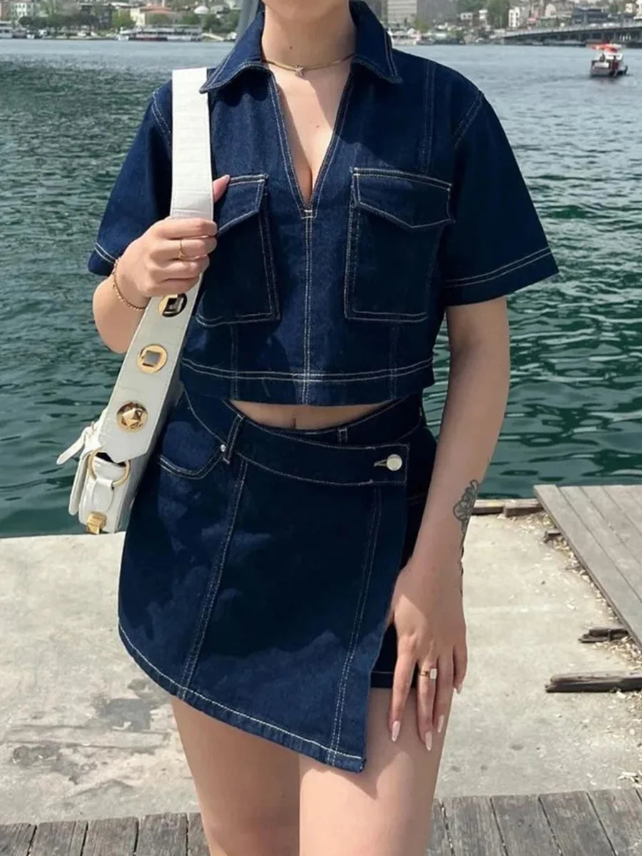 Women’s 2 Piece Denim Outfits Summer Short Sleeve Lapel Jean Pullover Tops and Asymmetrical Shorts Set for Streetwear Grunge Y2K