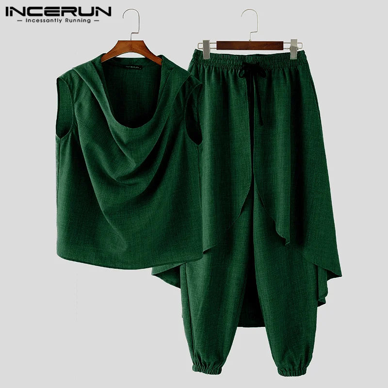 2024 Street Fashion Two-piece Suits INCERUN Men Causal Simple Solid Color Outfits Commuting American Style Oversize 2PCS Sets
