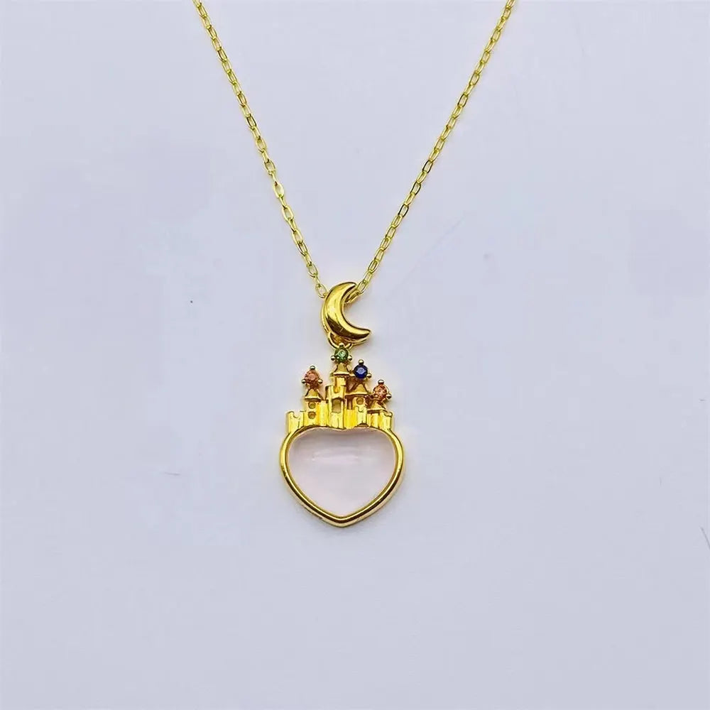 Authentic Real 18K Gold AU750 White Shell Castle Pendant Necklace Romantic Classic Gift Present For Woman Fine Jewelry
