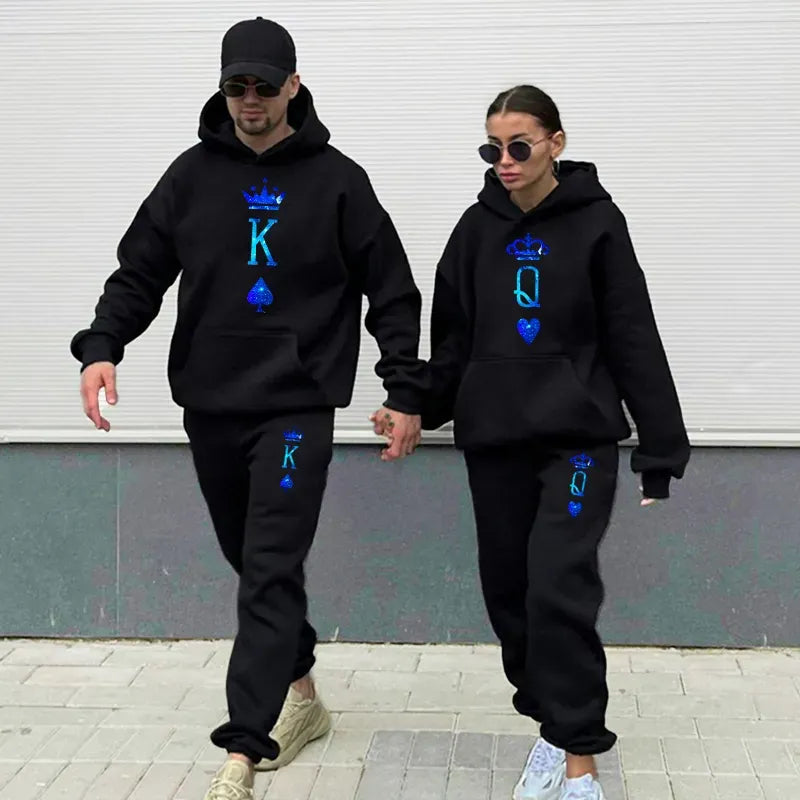 Couple Sportwear KING QUEEN Print Hoodies Pants Two-Piece Set Fashion Lover Streetwear Men Women Matching Clothing