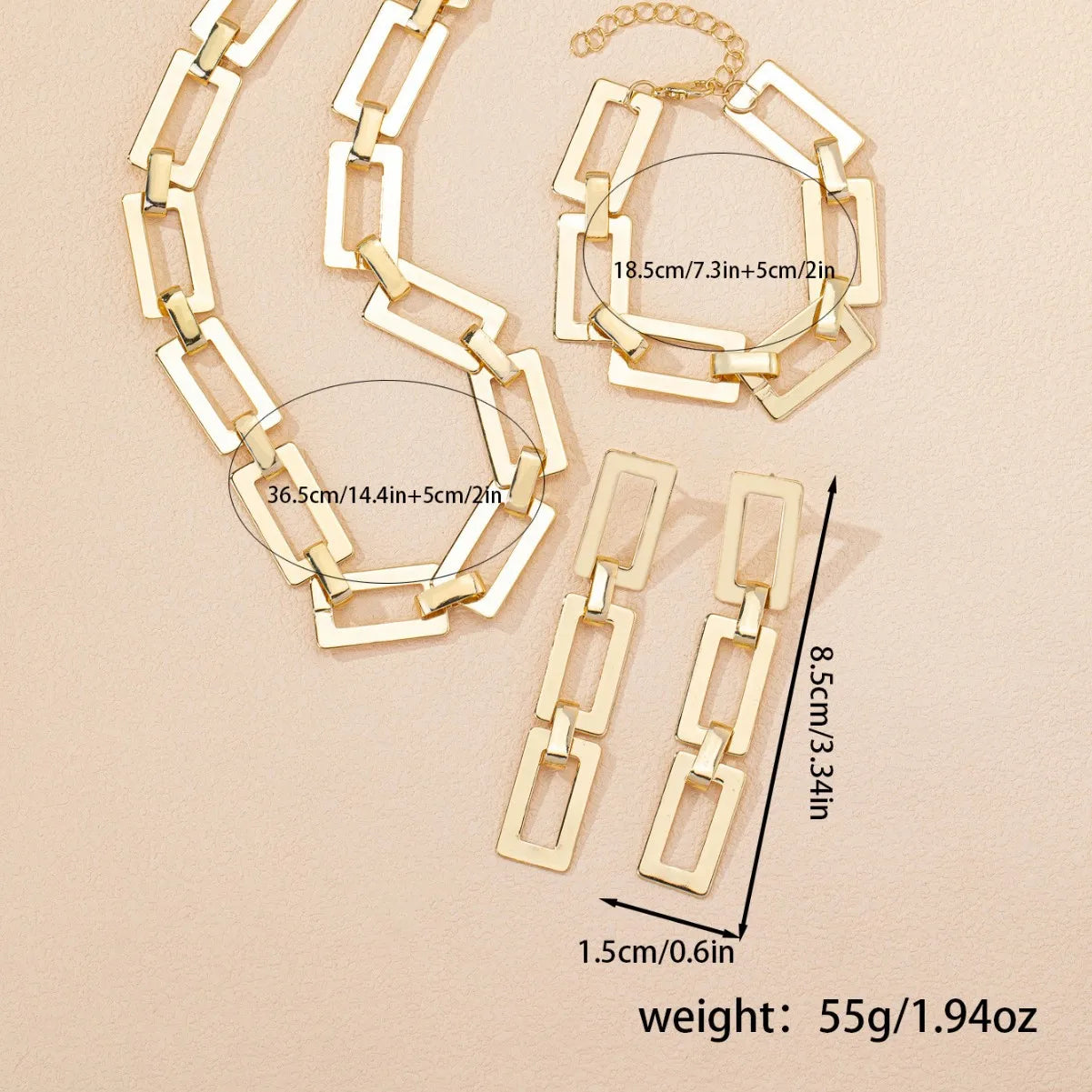 3/4PCS Stainless Steel Fashion Gold Color Geometric Chain Hollow Necklace Bracelets For Women Girl New Fashion Non-fading Set