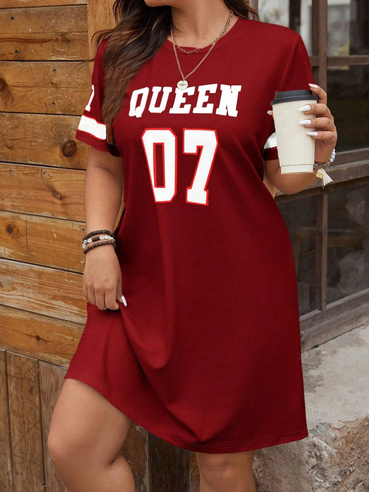 Große Größen Damen Sommer Musikfestival Muster Sportlich Lässig Buchstaben-Print Modisch 07 Bedrucktes Jersey Tenniscore Kleid