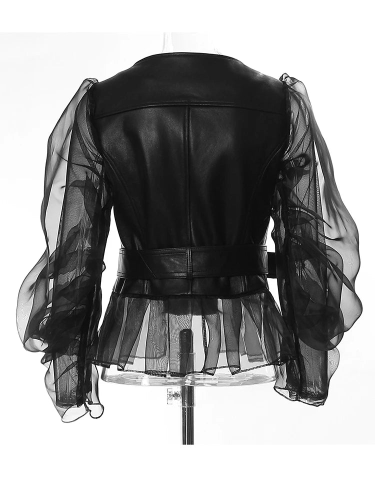 [EAM] Loose Fit Black Pu Leather Mesh Elegant Jacket New Lapel Long Sleeve Women Coat Fashion Tide Spring Autumn 2024 17A8517