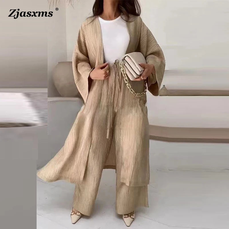 Elegant Female Loose Solid Color Outfits 2024 Women's Autumn Suits Lady Pleated Texture Top+Straight Casual Pants Two-Piece Sets